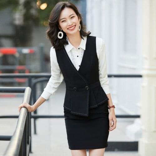 Ladies Black Waistcoat Women Business Suits With Skirt and Vest Sets Attendants Beauty Salon Office Uniform Styles