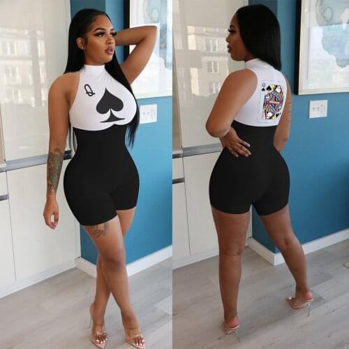 2020 Women Sexy Club Poker Card Patchwork Sleeveless Zipper Up Playsuits Rompers Cut Out Back Elegant One Piece Overall Jumpsuit