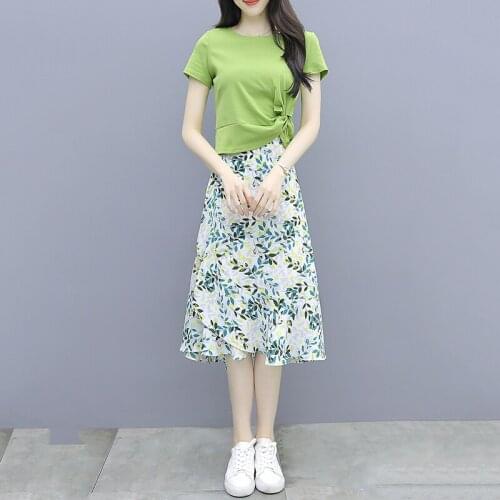 2021 Ladies Summer T-shirt 2-piece Set Fashion Hedging T-shirt + High Waist Printed Chiffon Skirt Suit Female Slim Two-piece Set