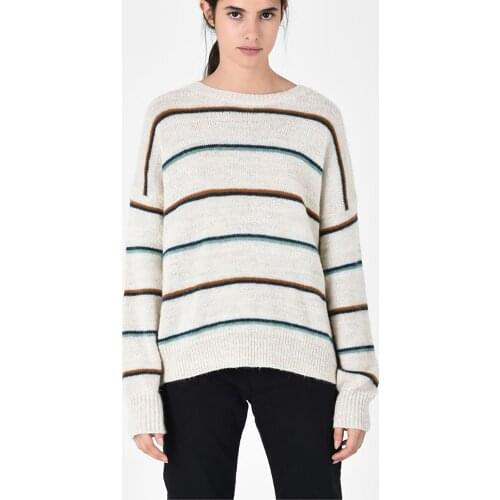 Wool Blend 2021 Womens Striped Round Neck Long Sleeve Pullover Cardigan