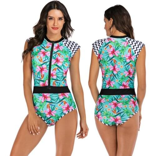 Sleeveless Rash Guard Women Zipper One Piece Swimsuit Plus Size Print Swimwear Push Up Swim Suit High Neck Black Surf -40