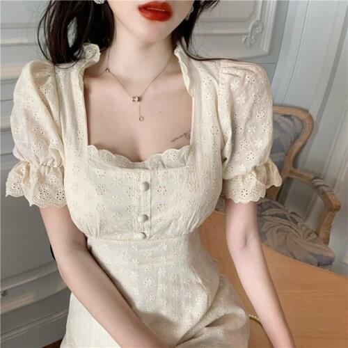 Bella 2021 Summer Elegant Sweet Dress Vintage Lace French Casual High Waist Mini Dress Slim Temperament A-Line Party Fairy Dress