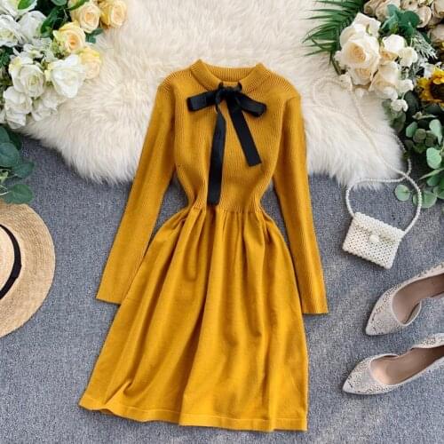 2019 autumn winter new womens O-neck lace-up bow waist knitted A-line dress female solid color long sleeve sweater dresses