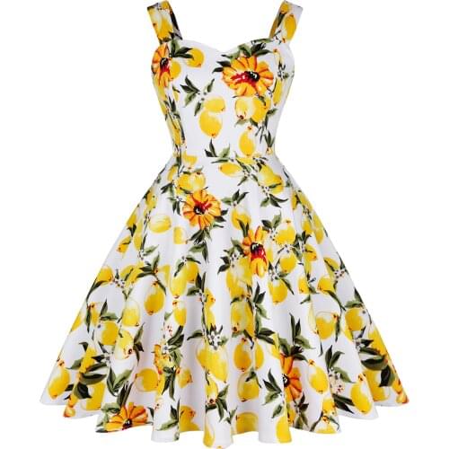SISHION White Lemon Printed Spaghetti Vintage Dress SD0036 50s Sexy Sling Hepburn Swing Party Dress Femme Falads