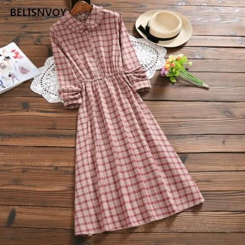 Mori Girl Vintage Dress Robe Femme 2021 Spring Autumn Women Long Elbise Peter Pan Collar Long Sleeve Plaid Dresses Vestidos