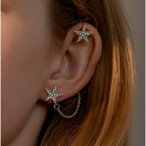 Gold Color Star Long Chain One-piece Stud Earrings for Women Zircon Five-pointed Star Ear Clip Fashion Trend jewelry New 2021
