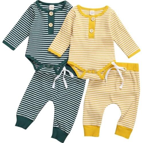 Citgeett Autumn Striped 0-24M Newborn Baby Girls Boys 2Pcs Ribbed Striped Clothes Set Long Sleeve Tops Pants Spring Set