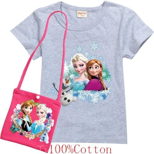 Disney Childrens summer T-shirt Frozen Elsa cotton T-shirt + bag set Girls fashion casual short-sleeved toddler tshirt clothe