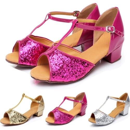 Childrens Latin Shoes Dance Shoes for Kids Rosered Glitter Indoor Ballroom Soft Sole Shoes Tango Shining Dancing Shoes C04