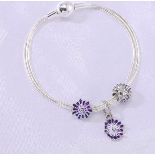 DIY Purple Daisy Charm Beads Fit Multi-Layer Charm Bracelet For Women Fashion Brand Flowers Jewelry Gift New Arrival