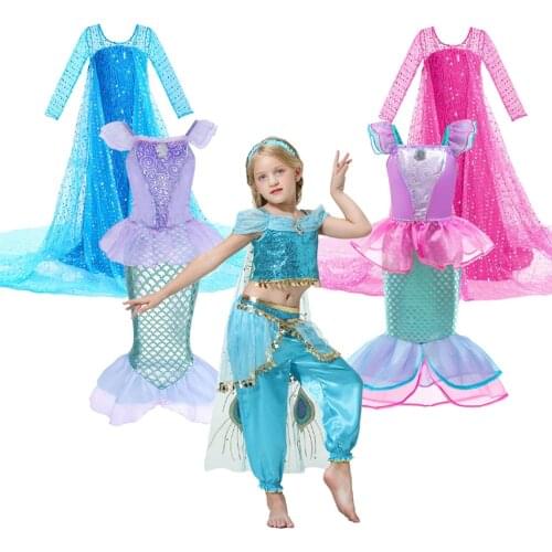 Girl Dress Arab Princess Kids Mermaid Jasmine Elsa Snow Queen Dress Princess Party Costume Child Girl Cosplay Christmas Costume