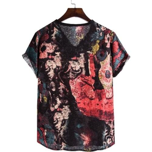 Vintage Print Cotton Linen Tshirt Men Casual Short Sleeve V Neck Pullover Tops T Shirt Men Hip Hop Streetwear Tee Shirt Homme