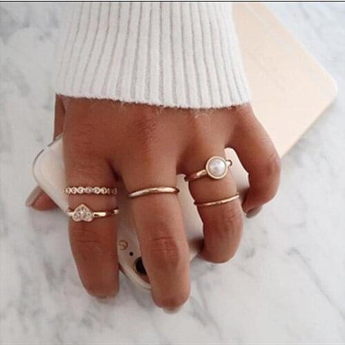 HuaTang 5pcs Fashion Crystal Love Heart Rings Set Gold Color Geometric Metal Finger Rings for Women Jewelry anillos mujer R003