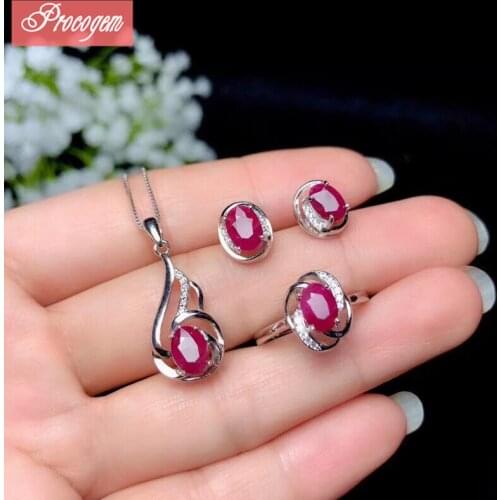 Natural Ruby jewelry sets Elegant Necklace Ring Earrings 925 Sterling silver women Bride gift fine Jewelry set wholesale #079