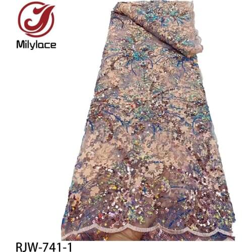 Latest African Lace Fabric 2021 High Quality Lace with Sequins French Net Lace Nigerian Lace Fabrics for Party Dress RJW-741