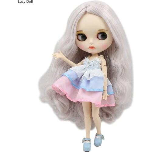 ICY Factory Blythee Doll BL1003/1327 Grey Mix Pink Hair, New Matte Face With Eyebrow Carven Lips, White Skin Joint Body 30cm 1/6