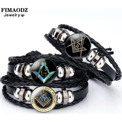 FIMAODZ Masonic Free Mason Bracelet Glass Gem Handmade Adjustable Bracelets for Men Wristband