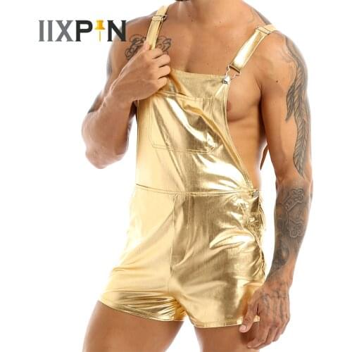 Mens Shiny Metallic Shorts Dungarees Suspender Hot Pants Spandex Leotard Bodysuit Male Rave Festival Clothing Sexy Clubwear