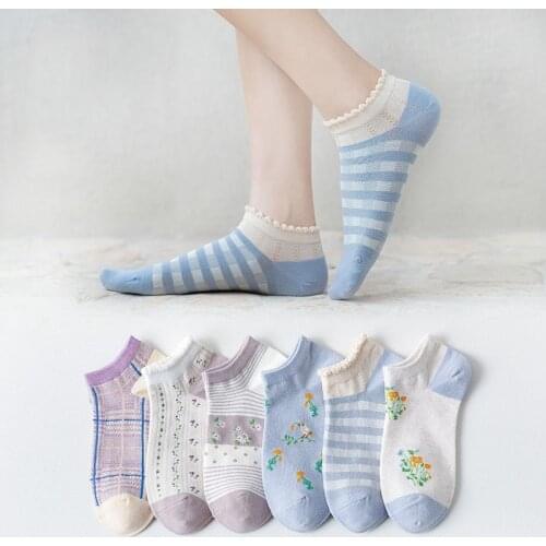 Spring And Summer Women Fashion Cotton Short Heel Boat Socks Cute Breathable Shallow Mouth Plaid Small Flowers 6 Pairs Female