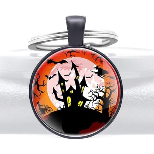 2020 New Arrivals Witch Design Glass Dome Metal Key Chain Charm Men Women Key Ring Halloween Jewelry Gifts Keychains