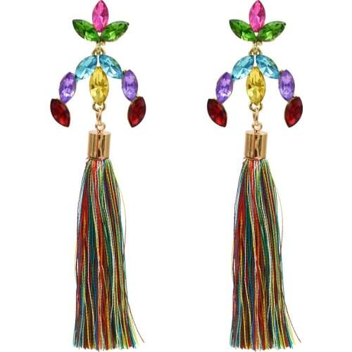 New Ethnic Colorful Crystal Earrings for Women Bohemian Cotton Thread Fringed Long Tassel Earrings Bridal Wedding Party Jewelry