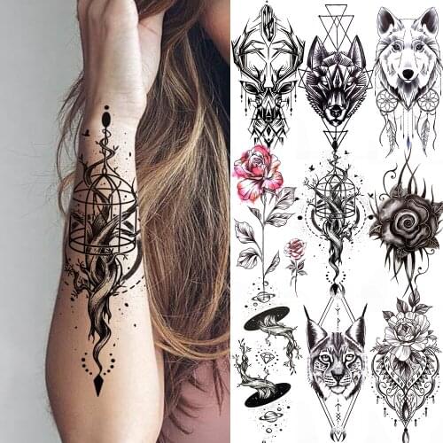 Cage Life Tree Bird Temporary Tattoo For Women Wolf Black Cat Fake Jewelry Tattoo Sticker Dream Catcher Water Transfer Tatoo