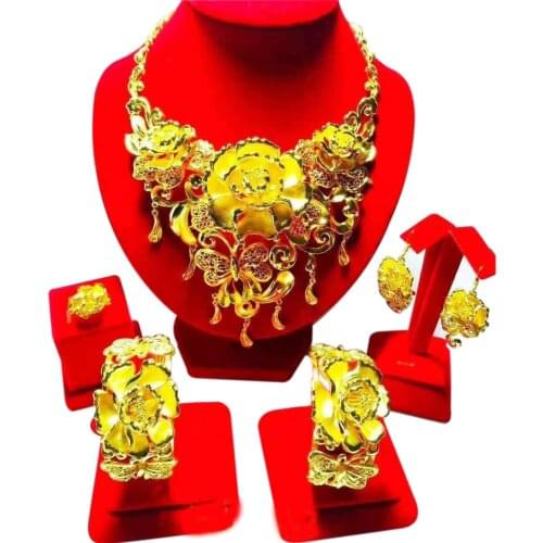 Yulaili Chinese Style Design Gold-color Blossoming Necklace Earrings Jewelry Sets Suitable for Birthday and New Year Gifts