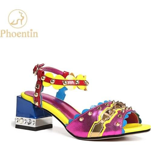 Phoentin purple ankle strap women sandals genuine leather 2021 fashion rivet mixed colors summer womens shoes high heels FT458