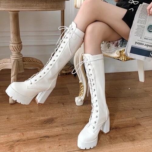 Winter Autumn Brand Women Shoes Knee High Boots Red Black Ladies Square Heel Rider Boots Lace up Martin Boots Platform Boots