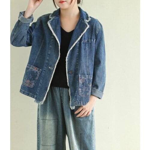 Autumn Coat Women New Loose Short Denim Jacket Ladies Literary Retro Printing Blazer Raw Edge Spliced Fashion Vintage Suit k948