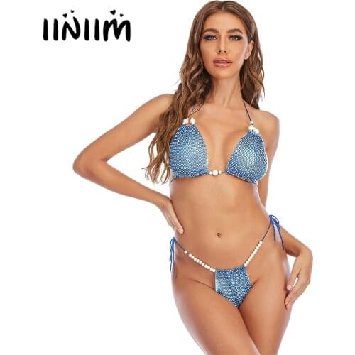 Womens Bikini Swimsuit Artificial Pearl Decor Lace-up Swimwear Halter Unlined Bra with Low Rise T-back Bathing Suit Clothes