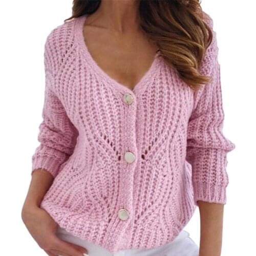 Oversized Women Sweater Cardigan Single-Breasted Solid Color Long Sleeve Autumn Winter V-Neck Hollow Ladies Knitted Coat