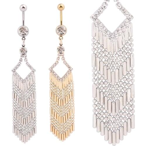 Belly ring tassel crystal gem body piercing jewelry Women navel bars Wholesale 316L surgical steel piercing