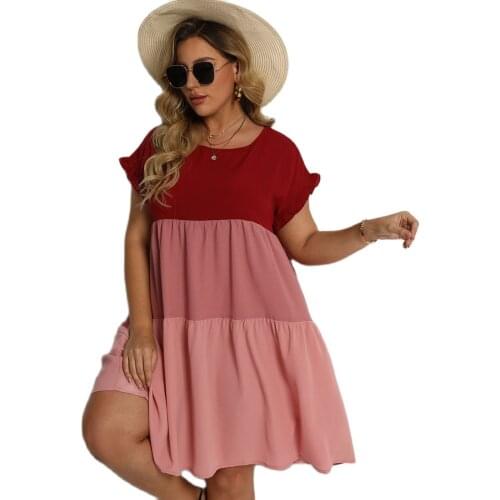 Plus Size Summer Short Dress Casual Women Clothes Mini Dress Vintage Patchwork Dresses Short Sleeve Streetwear Ladies Vestido