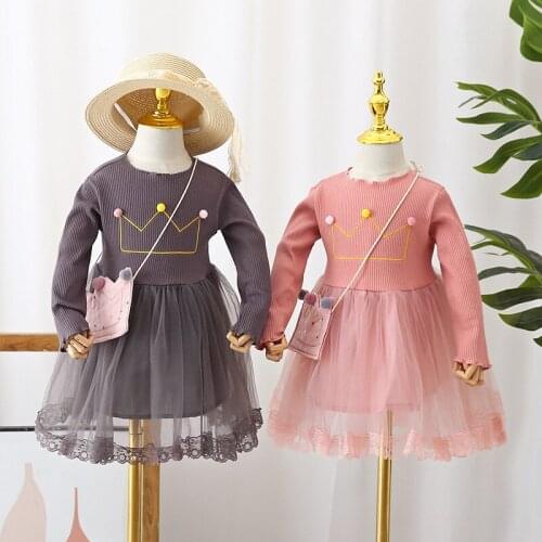 2021 New Spring Autumn Girl Dress Crown Printing Long Sleeve Knitting Stitching Mesh Clothes Lovely Vestido With Bag