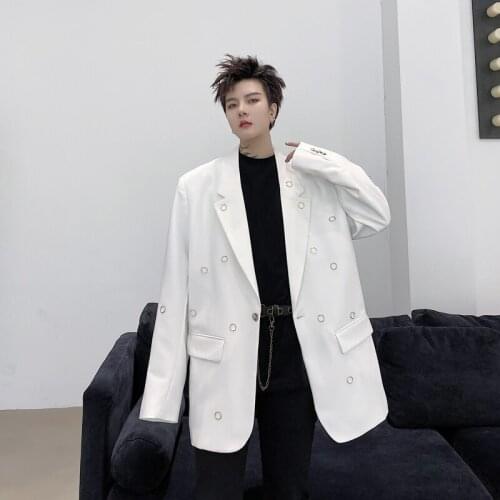 2021 spring Korean style unique Golden ring design Suit men Casual loose black Blazers for men M-XL