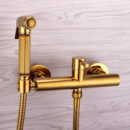 Free ship DHL Gold pvd Wall Mounted Handheld Bidet Spray Shattaf douche Kit Sprayer Jet + Hot&Cold Mixer Valve New