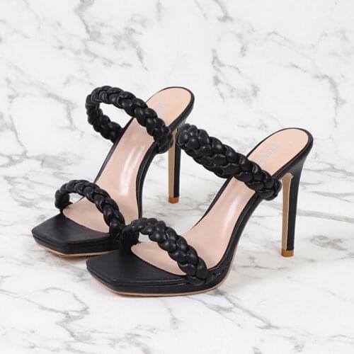 Summer New Fashion Women Mules High Heels Slippers Sandals Sexy Thin Open-toed Heel High Quality Shoes Casual Size 41 Hand-woven