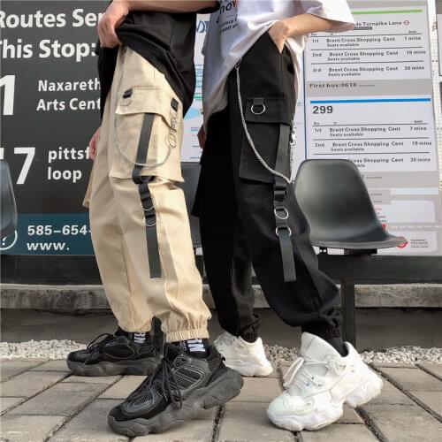 Womens Cargo Pants with Chain Fashion Overalls Loose Korean Student Ankle-Tied Hip Hop Casual Design Pants Woman Sweatpants