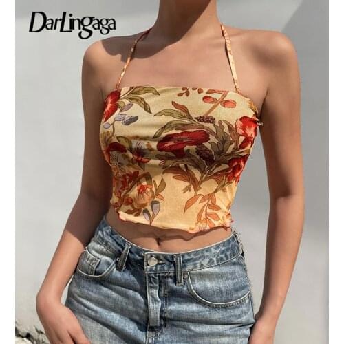 Darlingaga Fashion Floral Printed Strap Mesh Top Camisole Transparent Vintage Summer Crop Top Women Backless Aesthetic Frill New