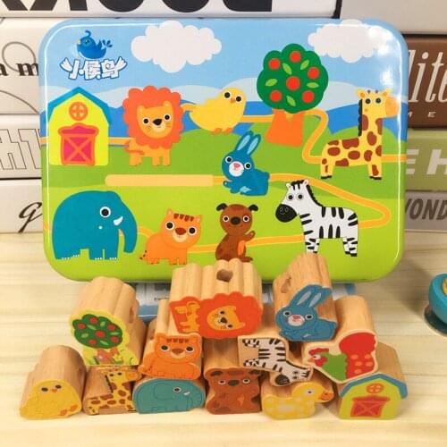 Kindergarten special eucalyptus iron box animal large particle traffic digital farm beaded needle lead young children toys