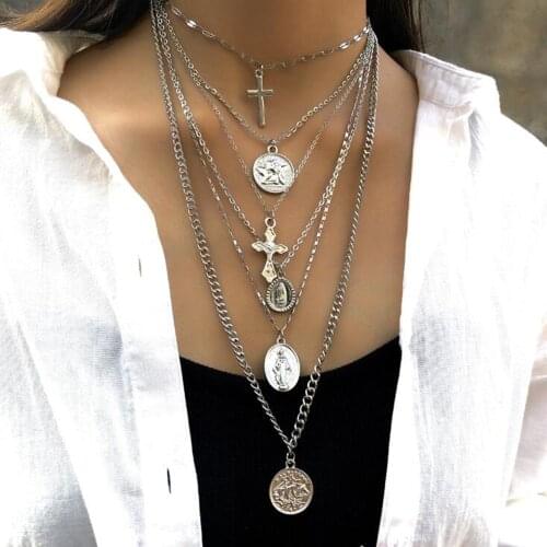 DIEZI Vintage Personality Geometric Cross Pendant Necklace Punk Multilayer Long Chain Choker Necklaces For Women Jewelry