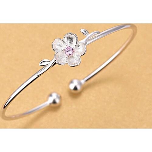 Fashion Cherry Blossoms Net Red Adjustable Bracelets Pink Purple Crystal Flower Opening Bangles Jewelry For Girl Female Gift
