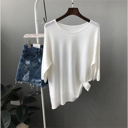 2018 New Summer Women Short T-Shirts Female O-Neck Oversize Knitted Half Sleeve Pure Color Loose T-Shirts High Quality Tops Q074