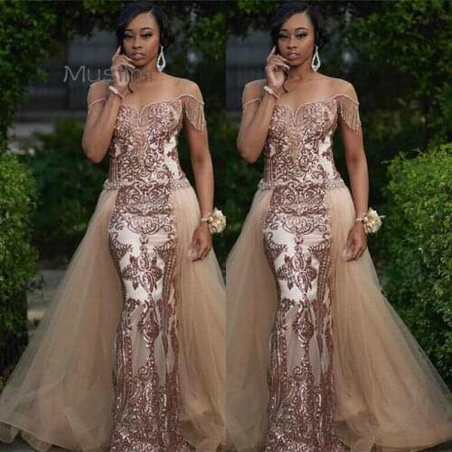 Luxury Rose Gold Sequin Prom Dresses For African Black Girls Plus Size Mermaid Evening Gowns With Overskrit Tassel Sleeve Party