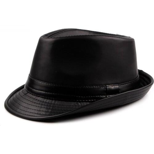 Fedoras Autumn Winter Hats for Men PU Leather Jazz Hat Male Solid Fedora Hats Elder Man Plain Trilby Derby Hats Men Caps CL134