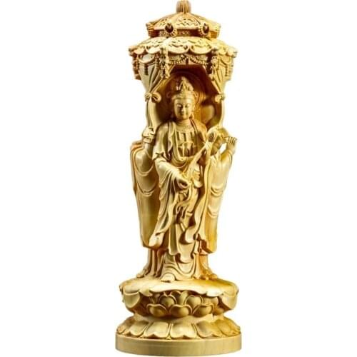 15CM Buddha Statue Boxwood Statue Carvings Three Face Guanyin Sculpture Living Room Solid Wood Decoration Home Decor