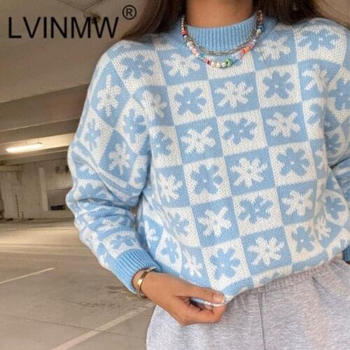 LVINMW Sweaters Flower Print Sweet Casual Warm Long Sleeve Top O Neck Floral Panelled Woolen Pullovers Fresh Stylish Streetwear