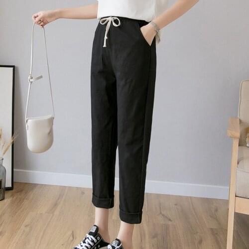 ZHOUTAYLOR Woman Pants Ankle-Length Bottoms Femme Fashion Pockets Summer New Drawstring Solid Flat Femela Harem Trousers S0269