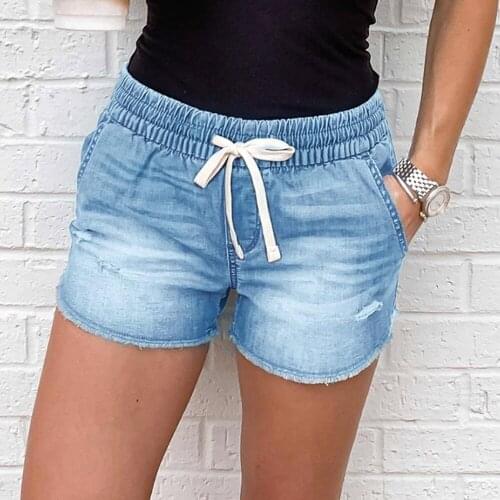 Blue Elastic Waist Denim Shorts Women Washed Hole Straight Drawstring Jeans Shorts Office Lady Casual Short Jeans Summer 2021